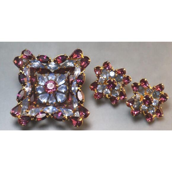 Amazing Kramer Purple Rhinestone Shadow Box Brooch Earrings Set - Picture 2 of 10